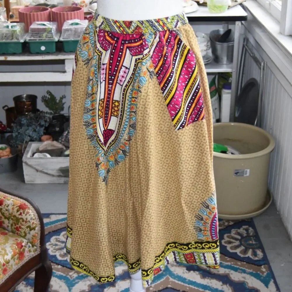 Y2K Uniti Casuals Boho Festival Midi Skirt Patchwork Print One Size